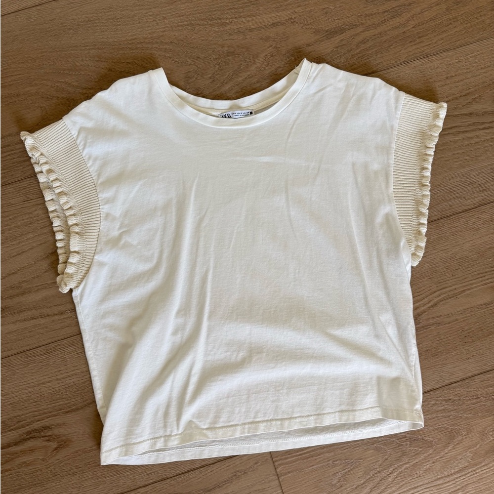 Zara Ruffled Sleeve Cotton Tee - Cream